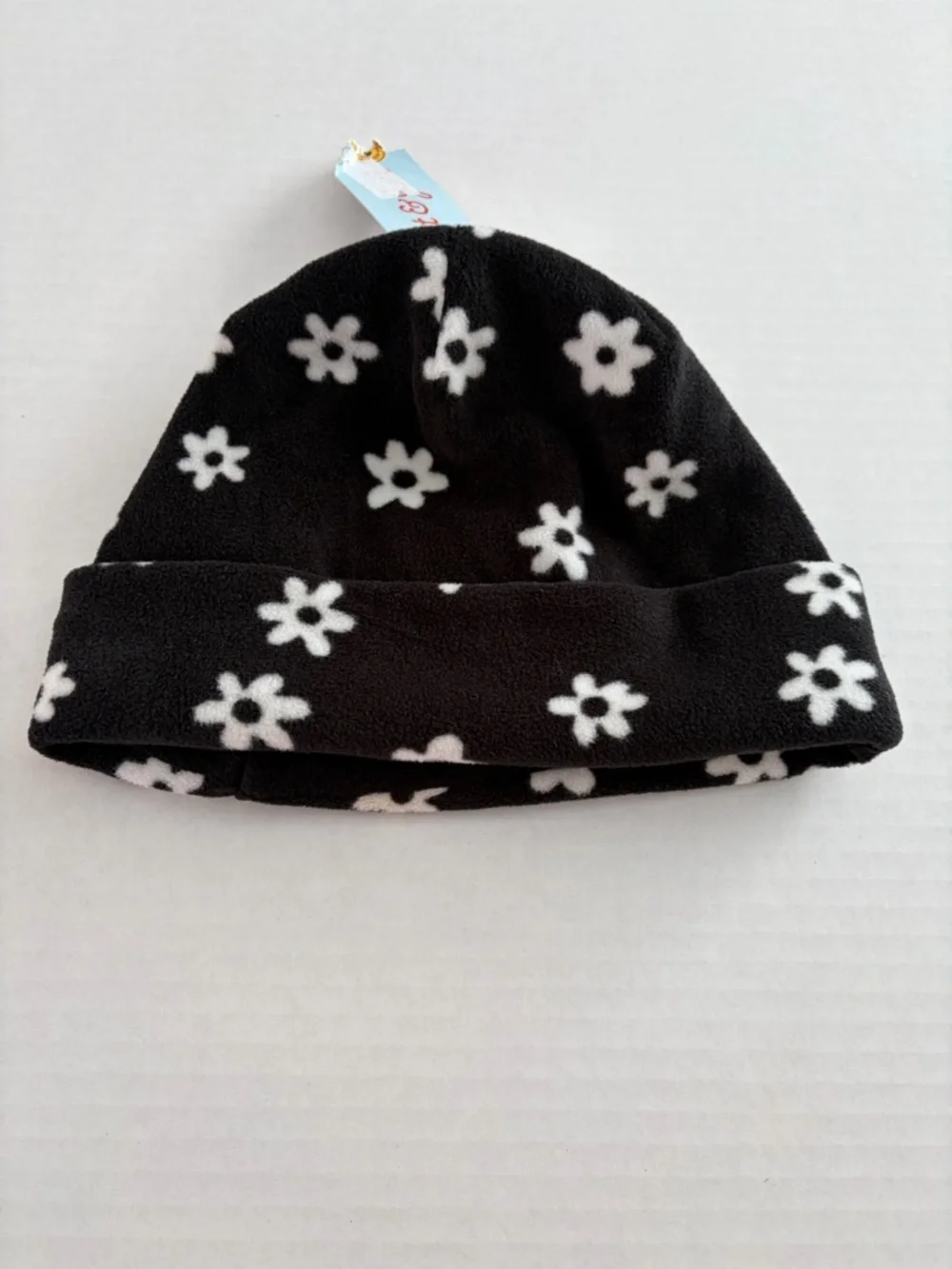 Cat & Jack Black White Daisy Fleece Beanie OSFM Kids NWT